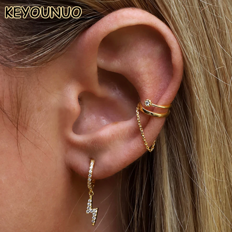 Ear Cuff No Piercing - KEYOUNUO позолоченные серебряные серьги-цепочки с цирконием